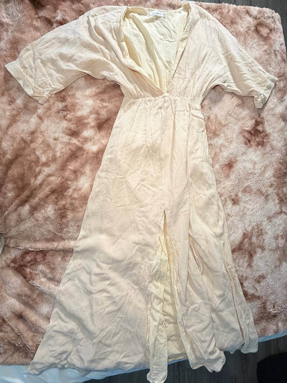 Cream Maxi Dress with V-Neck and Front Slit